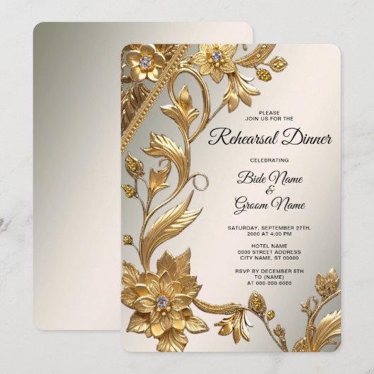 Invitation Dîner de répétition Floral Feuille Golden Wavy (Devant / Derrière)