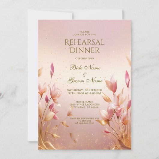 Invitation Dîner de répétition Floral Feuille rose (Devant)