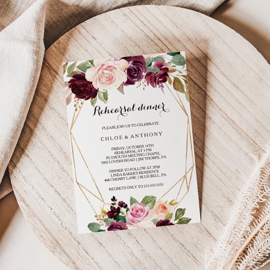 Invitation Dîner de répétition Floral Gold Geometry Bourgogne