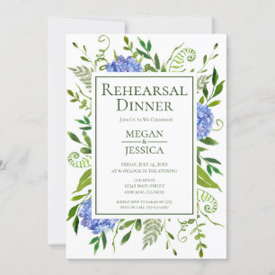 Invitation Dîner de répétition floral hydrangeas bleues LGBTQ