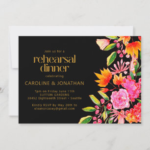 Invitation Dîner de répétition floral noir rose et orange