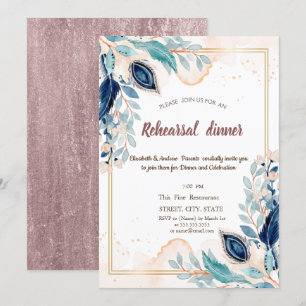Invitation Dîner de répétition floral paon aquarelle