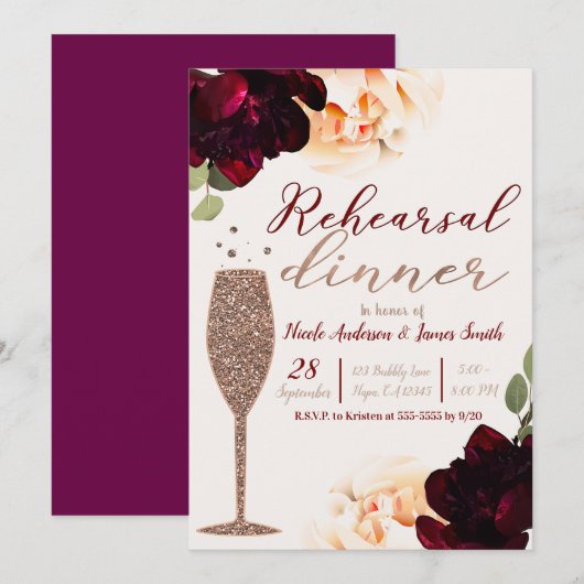 Invitation Dîner de répétition floral rose champagne or (Devant / Derrière)