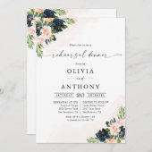 Invitation Dîner de répétition floral rose et bleu marine (Devant / Derrière)