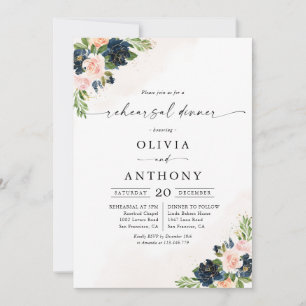 Invitation Dîner de répétition floral rose et bleu marine