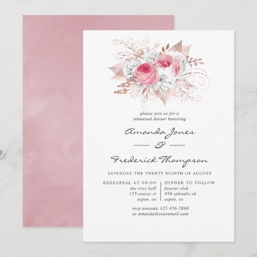 Invitation Dîner de répétition floral rose et Rose (Devant / Derrière)