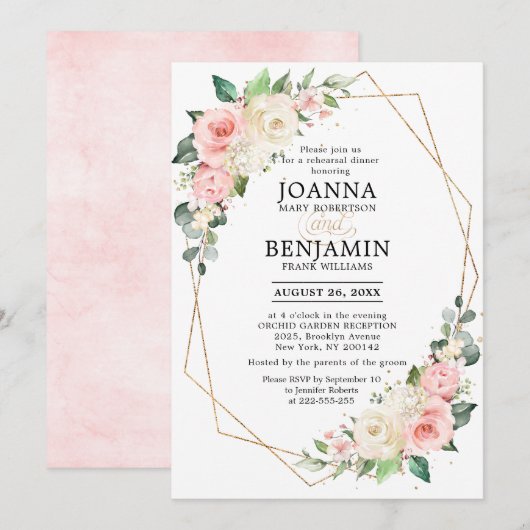 Invitation Dîner de répétition Floral Rose rose pastel (Devant / Derrière)