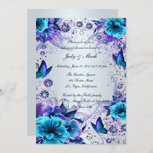 Invitation Dîner De Répétition Florale Bleue Et Papillon Invi (Devant / Derrière)