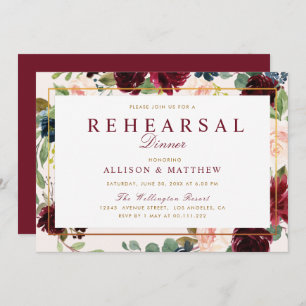 Invitation Dîner de répétition florale bordeaux d'aquarelle