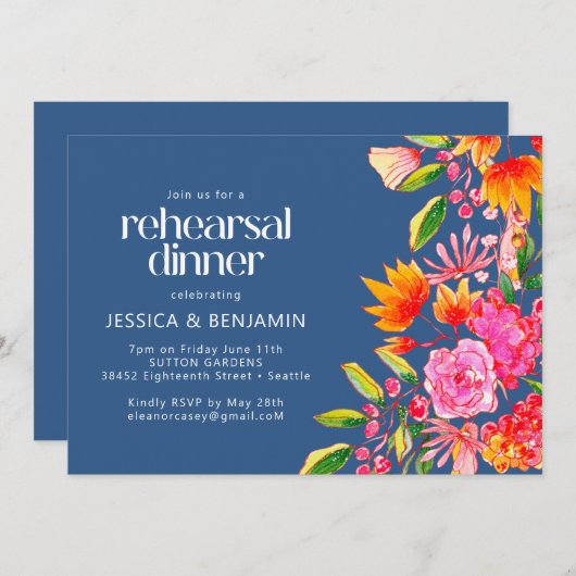 Invitation Dîner de répétition florale Chic Blue Rose (Devant / Derrière)