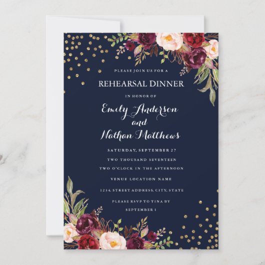 Invitation Dîner de répétition florale de la Marine Burgundy (Devant)