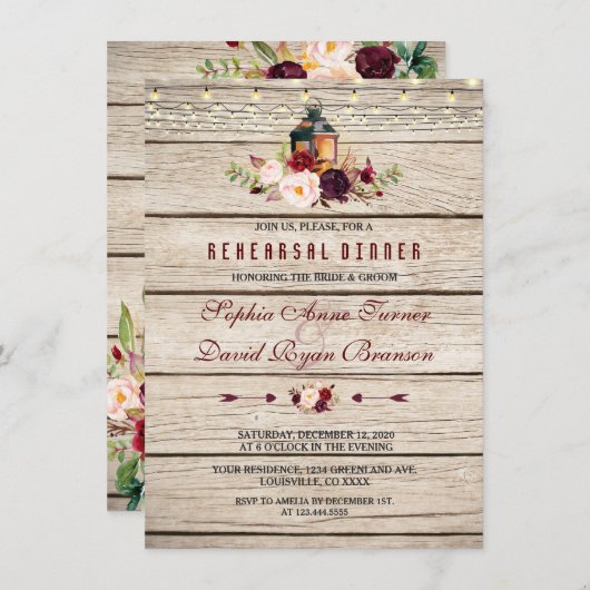 Invitation Dîner de répétition florale du Marsala de Bourgogn (Devant / Derrière)