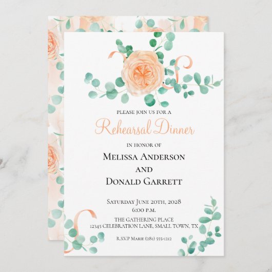 Invitation Dîner de répétition florale Eucalyptus Green Peach (Devant / Derrière)