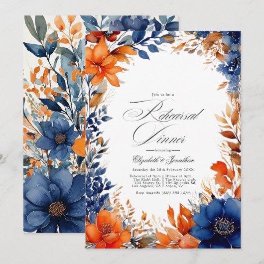 Invitation Dîner de répétition florale marine et orange (Devant / Derrière)