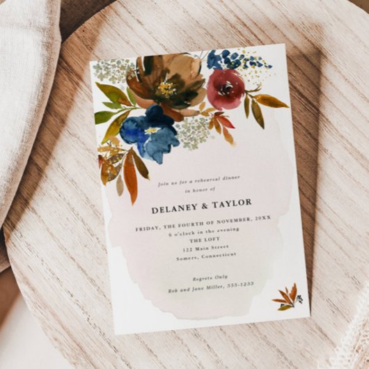 Invitation Dîner de répétition florale Marine & Rust Boho