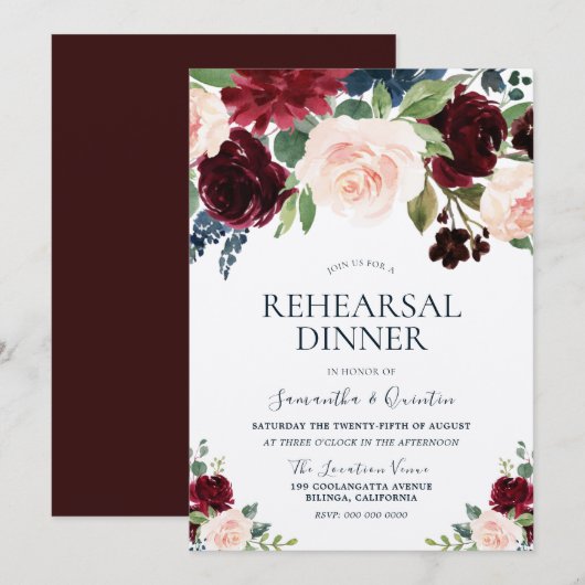 Invitation Dîner de répétition florale Marsala Burgundy Red B (Devant / Derrière)