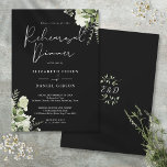 Invitation Dîner De Répétition Florale Noir Et Blanc<br><div class="desc">Elégante végétation fleurie noir et blanc invitation à dîner de répétition avec vos noms et détails de dîner de répétition dans le texte chic et vos initiales monogrammes au verso. Conçu par Thisisnotme©</div>