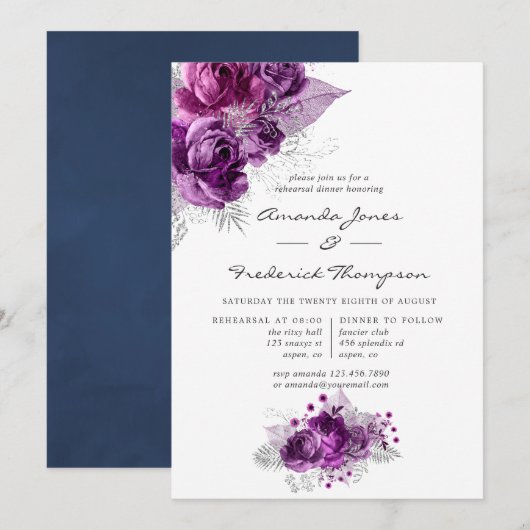 Invitation Dîner de répétition florale Plum and Navy (Devant / Derrière)