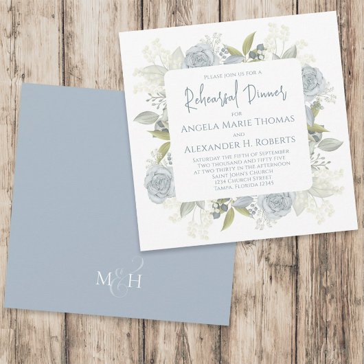 Invitation Dîner de répétition florale Rose bleu Dusty