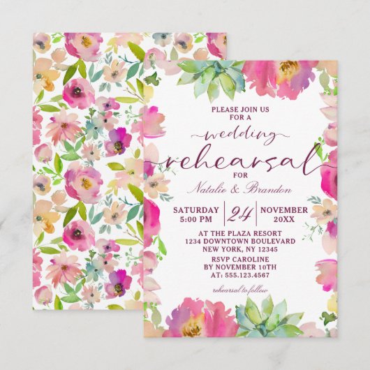 Invitation Dîner de répétition florale rose chic floral Maria (Devant / Derrière)