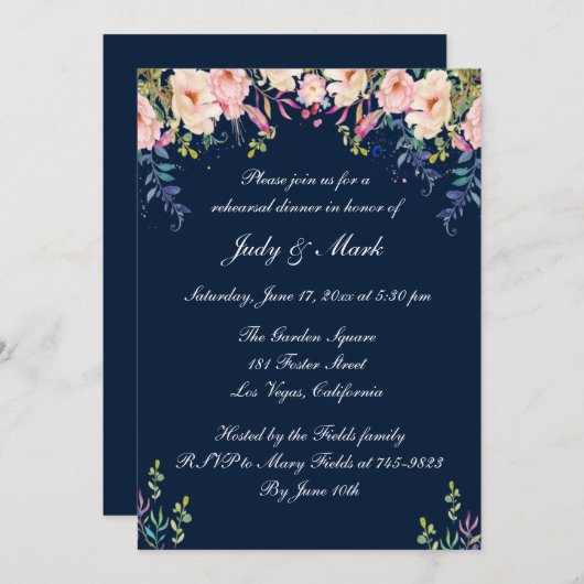 Invitation Dîner de répétition florale rose moderne (Devant / Derrière)
