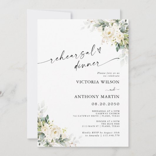 Invitation Dîner de répétition florale Roses blanches Invitat (Devant)