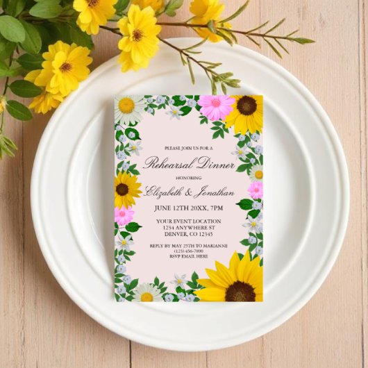 Invitation Dîner de répétition florale Rustique Tournesol Dai