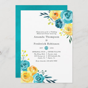 Invitation Dîner de répétition florale turquoise et jaune