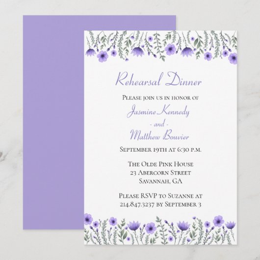 Invitation Dîner de répétition florale violet Aquarelle Fleur (Devant / Derrière)