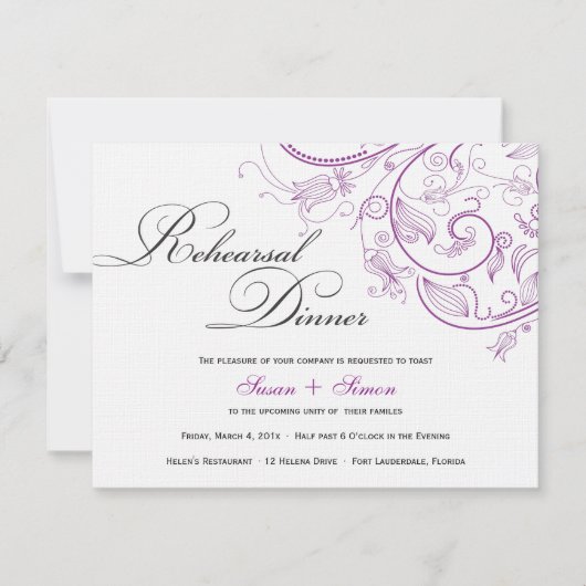Invitation Dîner de répétition florale violet élégant Invitat (Devant)