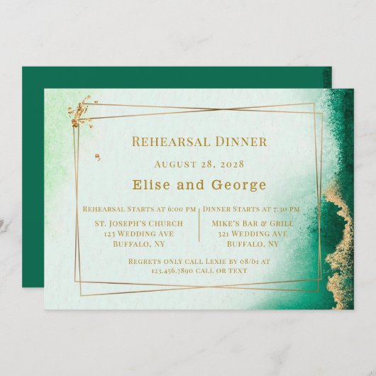 Invitation Dîner de répétition géométrique Emerald Gold Agate (Devant / Derrière)