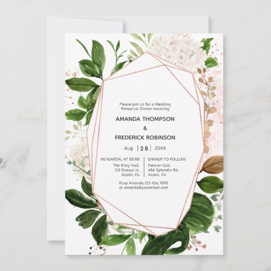 Invitation Dîner de répétition géométrique en or rose et en b (Devant)