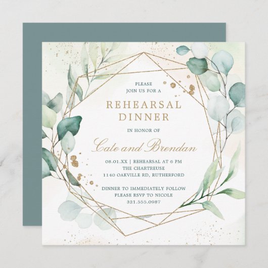 Invitation Dîner de répétition géométrique Eucalyptus Greener (Devant / Derrière)
