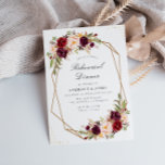 Invitation dîner de répétition géométrique florale et bordeau<br><div class="desc">Cette invitation à la répétition présente des fleurs rousses bordeaux d'aquarelle et un cadre géométrique marron. Vous pouvez modifier le libellé,  la taille du texte,  la couleur et la police de ce modèle. L'arrière - plan de la Marine peut aussi être changé.</div>