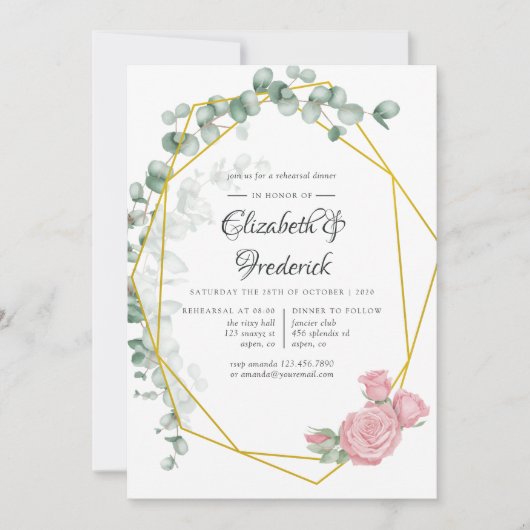 Invitation Dîner de répétition géométrique Rose Eucalyptus (Devant)