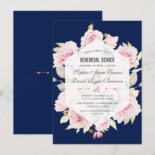 Invitation Dîner de répétition géométrique rose Floral Navy (Devant / Derrière)