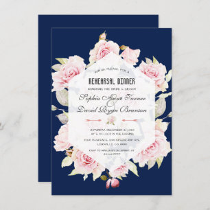 Invitation Dîner de répétition géométrique rose Floral Navy