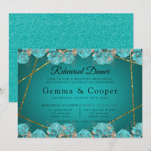Invitation Dîner de répétition géométrique Turquoise Rose Gol (Devant / Derrière)