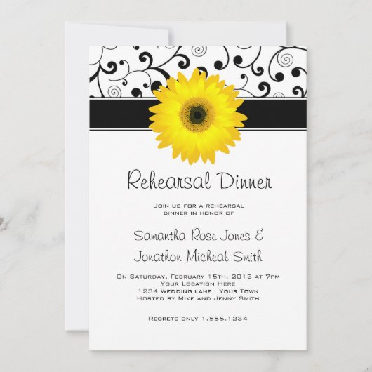 Invitation Dîner de répétition Gerbera Jaune Daisy Black Scro (Devant)