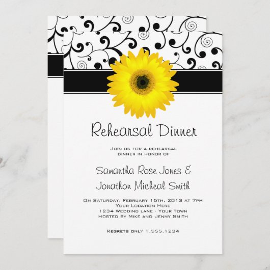 Invitation Dîner de répétition Gerbera Jaune Daisy Black Scro (Devant / Derrière)