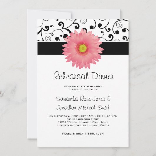 Invitation Dîner de répétition Gérbera Rose Daisy Black Scrol (Devant)