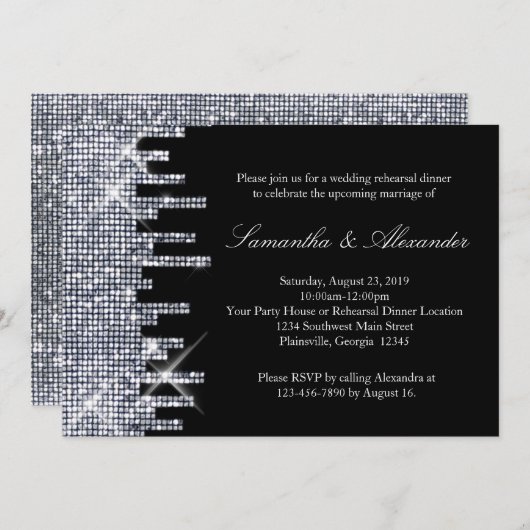 Invitation Dîner de répétition Glittery Black/Silver (Devant / Derrière)