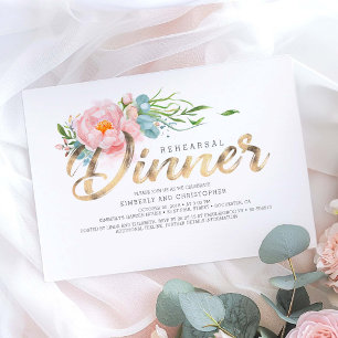Invitation Dîner de répétition Gold and Blush Pink Florals