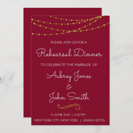 Invitation Dîner de répétition Gold Foil String (Devant / Derrière)