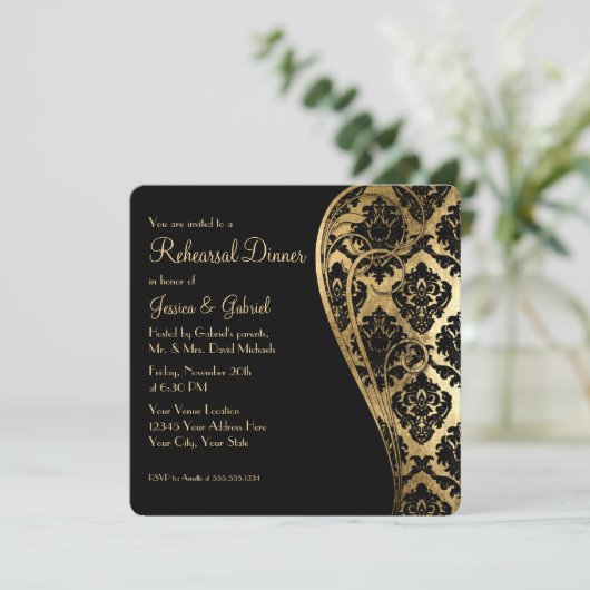 Invitation Dîner de répétition, Gold Leaf Look Damask Scroll (Debout devant)