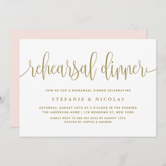 Invitation Dîner de répétition Gold Pretty Calligraphy (Devant / Derrière)