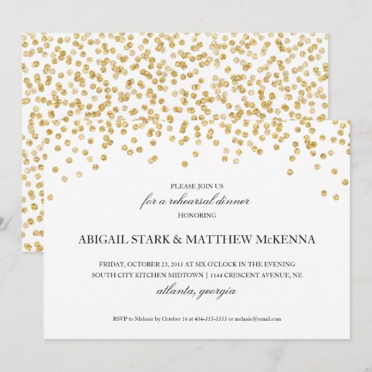 Invitation Dîner de répétition Gold Sparkle Confetti Invitati (Devant / Derrière)