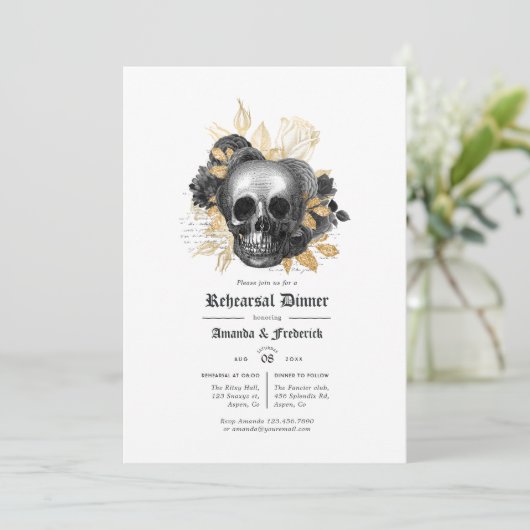 Invitation Dîner de répétition gothique floral noir et or (Debout devant)