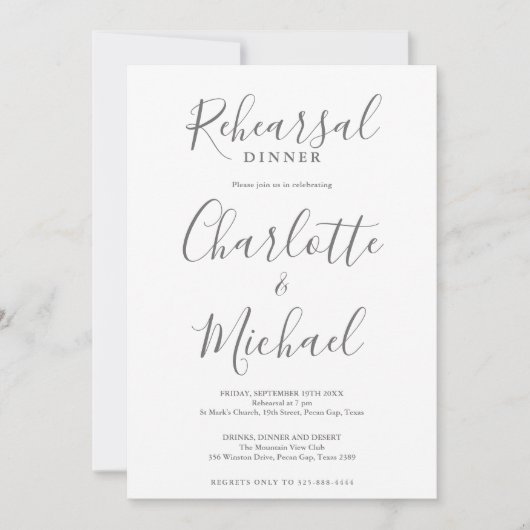 Invitation Dîner de répétition gris et blanc de script de sig (Devant)
