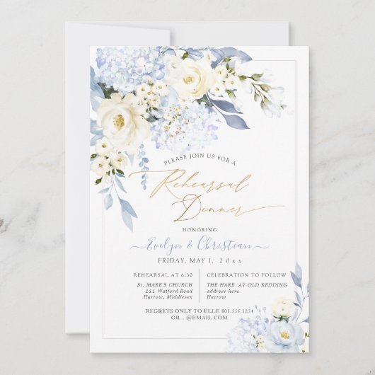 Invitation Dîner de répétition H2 Hydrangea Bleu Roses Crème (Devant)